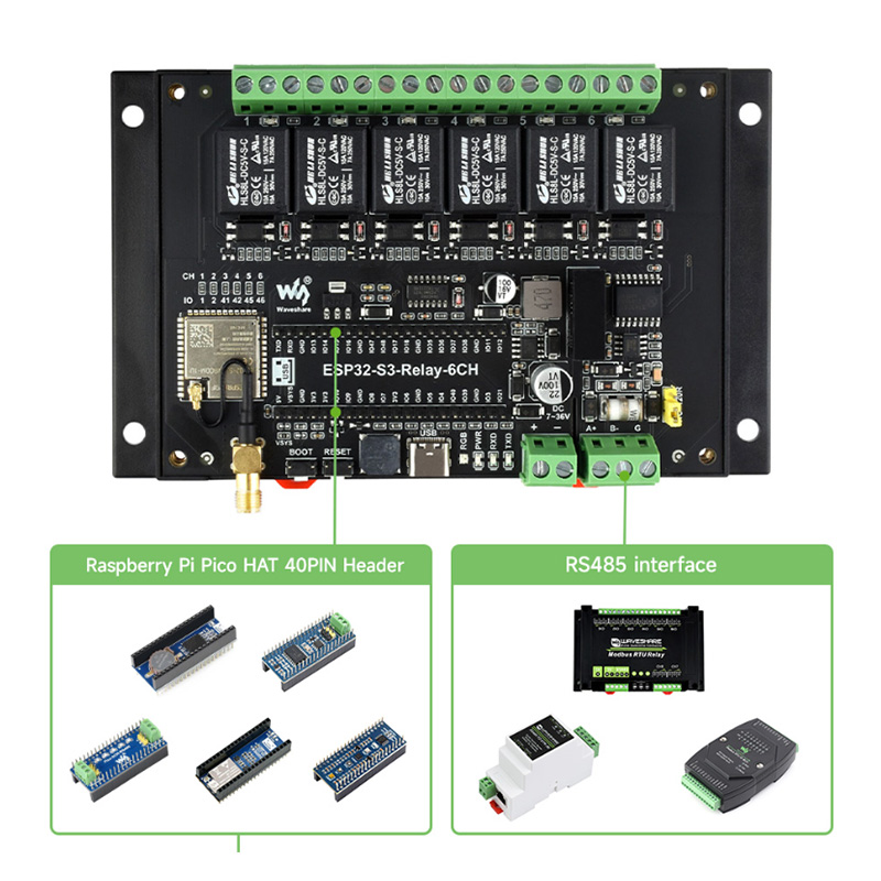 Waveshare Esp32 - Placa de Relés ESP32-S3 de 6